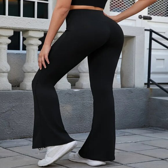 Women's High-Waist Flare Yoga Leggings with Pockets Black Sizes S-XL - Picture 2 of 4